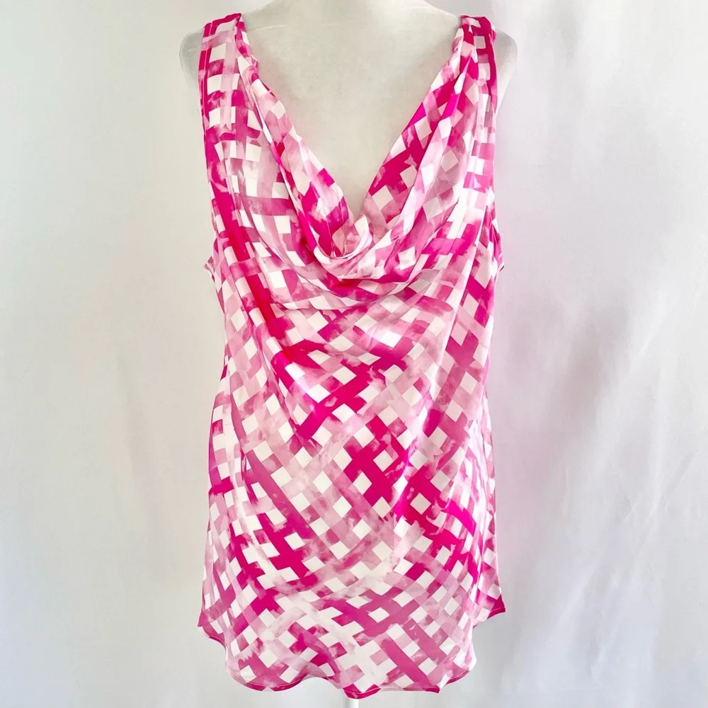 New Chloe Kristyn Gingham Satin Double Strap Cowl Neck Tank Top Pink Size Large - Picture 2 of 16